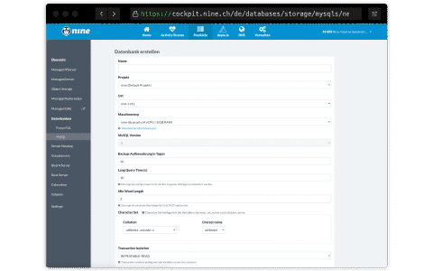 Cockpit: Datenbank erstellen